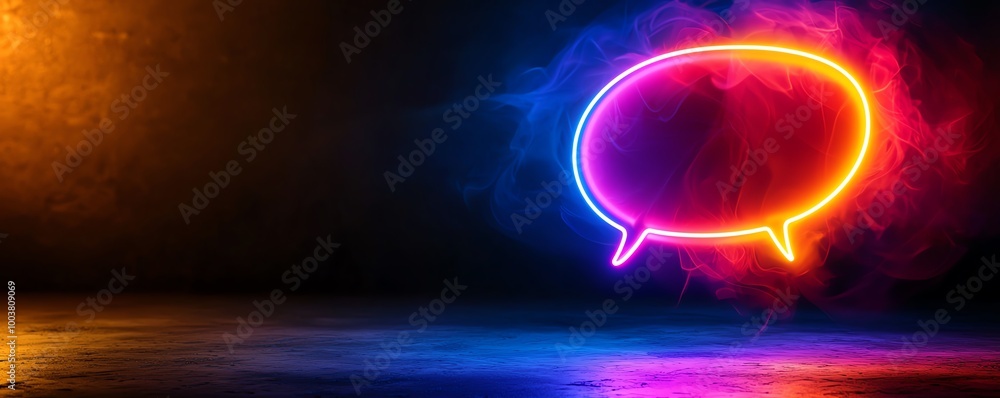 Poster neon speech bubble light effect on a dark background, creating a dynamic and modern visual atmospher