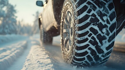 Close-up shot of rugged winter tires leaving sharp, icy grooves in the snow, the road glistening with frost as the vehicle moves forward
