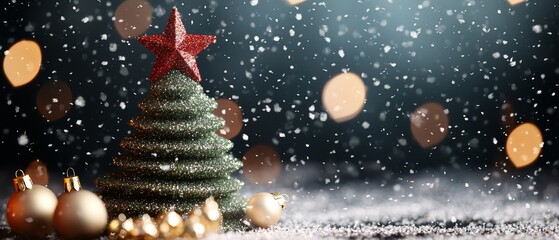 Fototapeta premium A Christmas tree, adorned with a red star atop, stands before a backdrop of twinkling lights and fallen snow