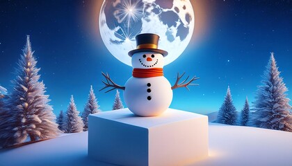 Obraz premium A cheerful snowman stands near a decorated Christmas tree during a snowy night under a bright full moon. Generative AI