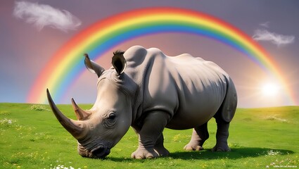 Fototapeta premium Rhino and a Rainbow Overhead captures a breathtaking moment in nature where the majestic rhino grazes peacefully under a brilliant rainbow. 