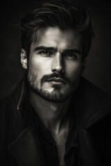 Obraz premium A rugged man with striking features poses confidently against a dark backdrop