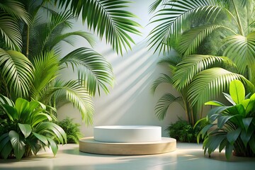 Fototapeta premium Product podium stage with green tropical palm leaves on White background