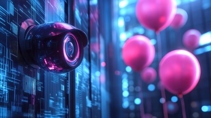 Innovative CCTV camera design made from balloons, set against a digital futuristic interface,