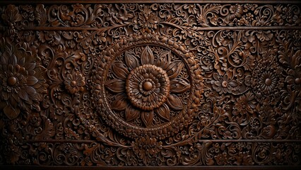 Indian wooden carving with detailed floral and paisley designs on dark teakwood