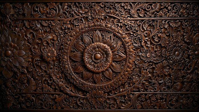 Naklejki Indian wooden carving with detailed floral and paisley designs on dark teakwood