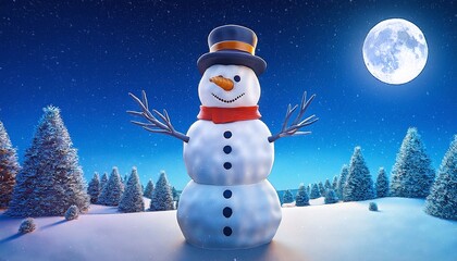 Obraz premium A cheerful snowman stands near a decorated Christmas tree during a snowy night under a bright full moon. Generative AI