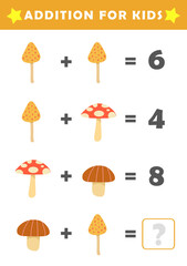 Fun Math Logic Puzzles for Kids. Math Game with Cute Mushroom Pictures. Math Activities for Children. Addition for Kids.	