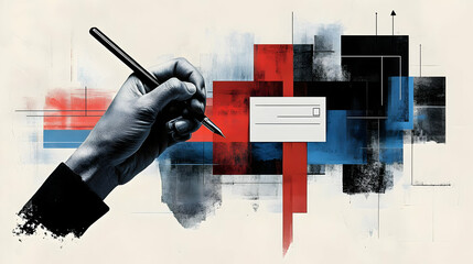 Hand Drawing Lines On White Paper With Red, Blue, and Black Geometric Shapes