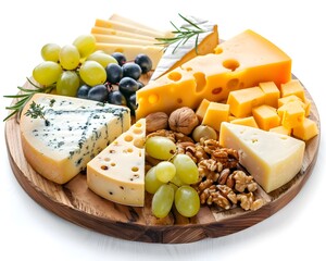Artisanal Cheese Board with Assorted Gourmet Cheeses  Nuts  and Fresh Fruits on Wooden Platter