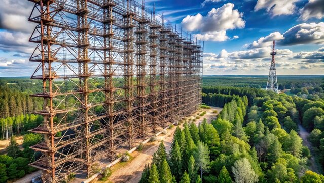 n eerie close up shot of the massive Duga Radar an abandoned Soviet over the horizon radar system covered in rust and surrounded by dense vegetation evoking a sense of abandonment and the paranormal