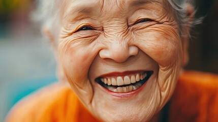 Close-up of a joyful Asian elderly woman laughing, with expressive eyes and delicate wrinkles, captured in natural light, sharp focus on the details of her face, vibrant and lifelike skin textures.