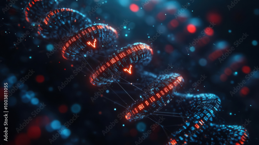 Poster an abstract representation of a dna helix illuminated with vibrant colors and digital effects, symbo