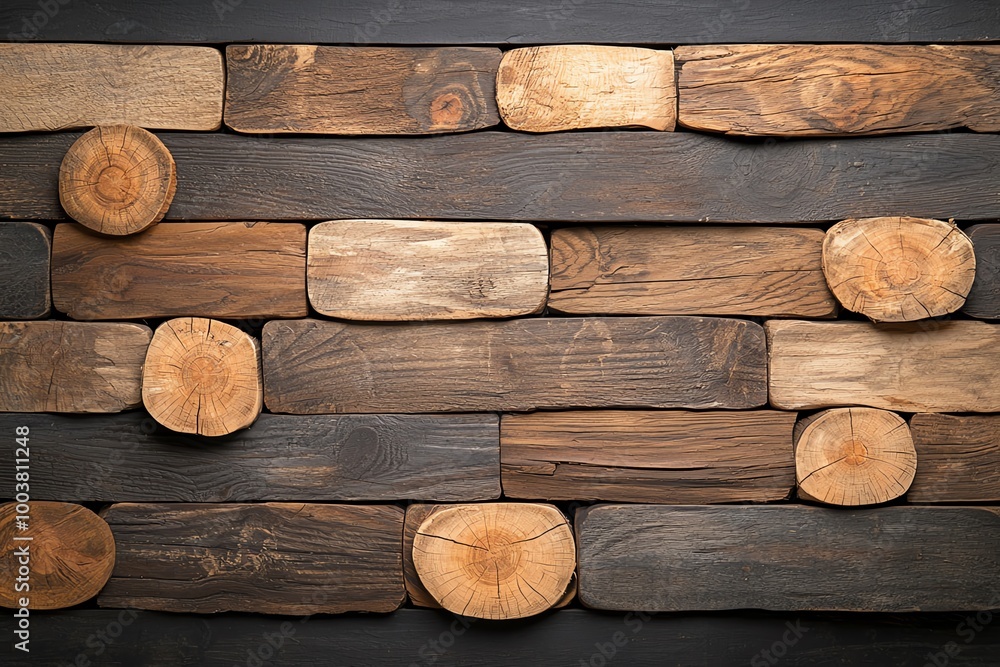 Poster textured wooden wall made of various planks arranged in an artistic pattern, creating a rustic and n