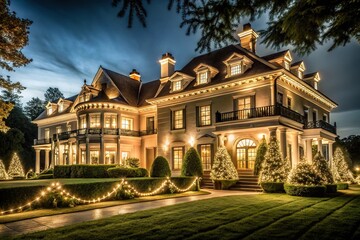 Obraz premium Low angle black mansion with golden lights around greenery historic place