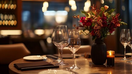 Immerse into the captivating atmosphere of a lavish dining experience through the lens of a upscale restaurant, where blurred flowers and soft candlelight create a warm and inviting ambiance. 