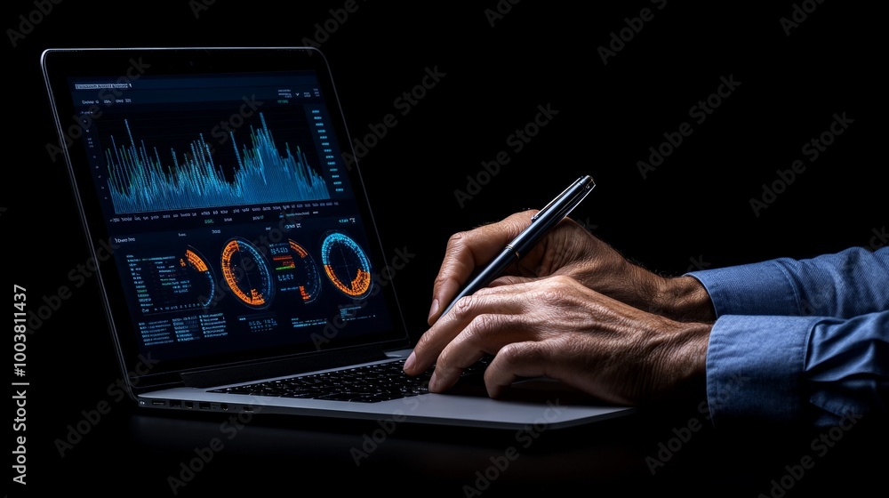 Poster data driven decisions: a pair of hands expertly navigate a laptop screen, analyzing data visualizati