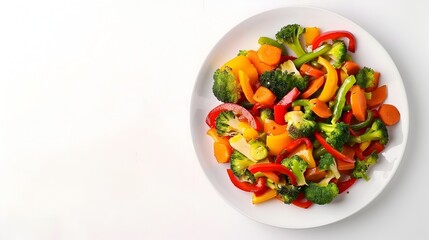 Colorful Vegetable Stir Fry with Bell Peppers Broccoli and Carrots on White Plate for Healthy Eating