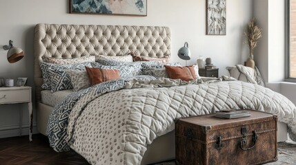 Bedroom with a tufted headboard