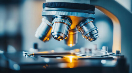 Close-up view of a microscope with multiple objective lenses, showcasing its intricate design and scientific functionality.