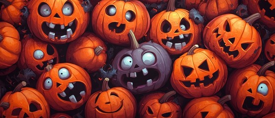  A pile of Halloween pumpkins with Jack-o-lantern faces carved into them