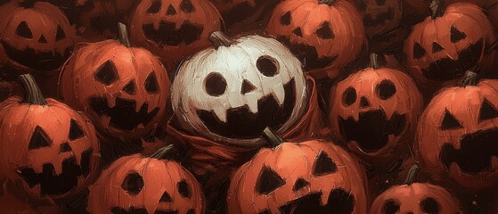  A painting of a gathering of pumpkins, each adorned with facemasks and intricately carved as Jack-o-lanterns