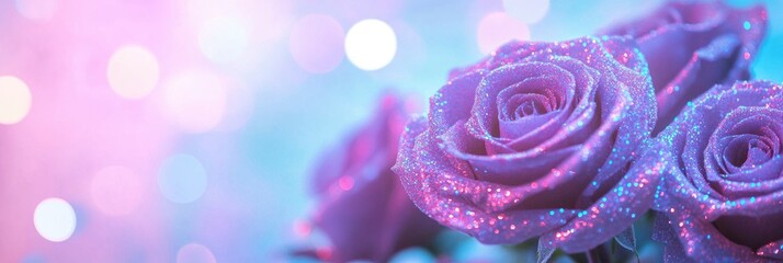 Close-up of purple roses covered in glitter, the background is blue and pink with glowing lights, creating a dreamy scene.