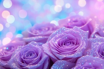 Close-up of purple roses covered in glitter, the background is blue and pink with glowing lights, creating a dreamy scene.