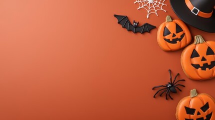 A flat-lay banner featuring Jack-o'-lantern cookie designs, Halloween masks, and spooky icing on a dark background with ample copy space for text