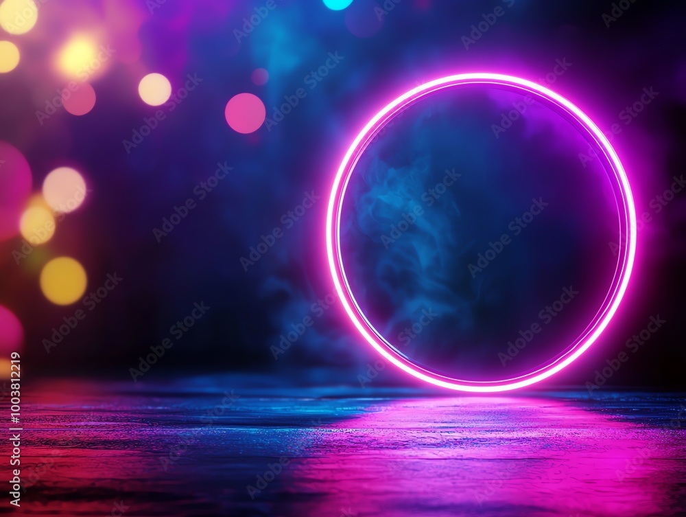 Poster vibrant neon circle glows against a dark backdrop with colorful bokeh lights, creating a futuristic 