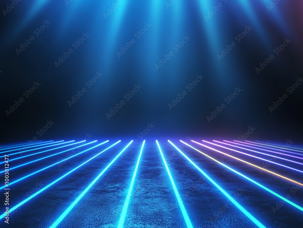 Poster vibrant neon lights illuminating a dark background with colorful beams creating a retro atmosphere.
