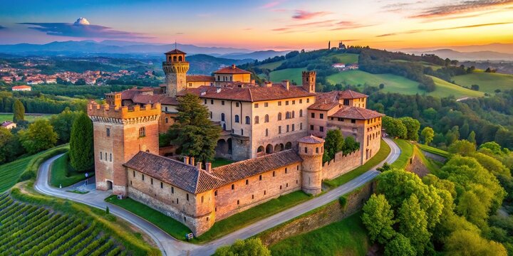 Low angle panoramic drone picture of Castello Cereseto in Piedmont during the evening sky