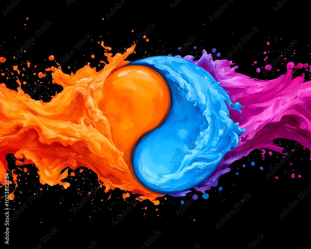 Poster vibrant splash of colors blending together in a dynamic swirling pattern on a black background.