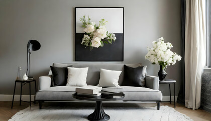 modern living room.a minimalist interior with a stylish sofa featuring bold monochrome cushions and fresh flowers arranged on a side table. A blank poster frame on the wall awaits a custom design, ble