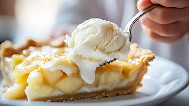 Close-up of a scoop of melted ice cream on a slice of apple pie. The creamy texture and golden filling evoke a comforting and pleasurable moment, ideal for Thanksgiving or festive scenes