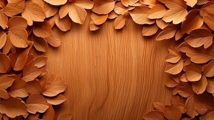 Wooden background framed with delicate brown leaves, creating a natural and warm atmosphere.