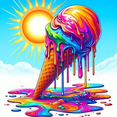 A vibrant, rainbow-colored ice cream cone melting dramatically under a bright sun