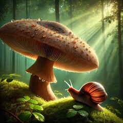 Snail and Mushroom in the Forest