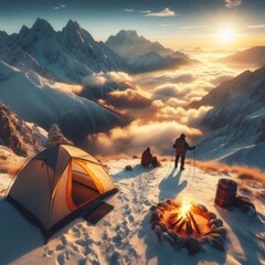 Two campers admire a breathtaking sunrise from their snow-covered mountain camp, with a warm campfire and a tent