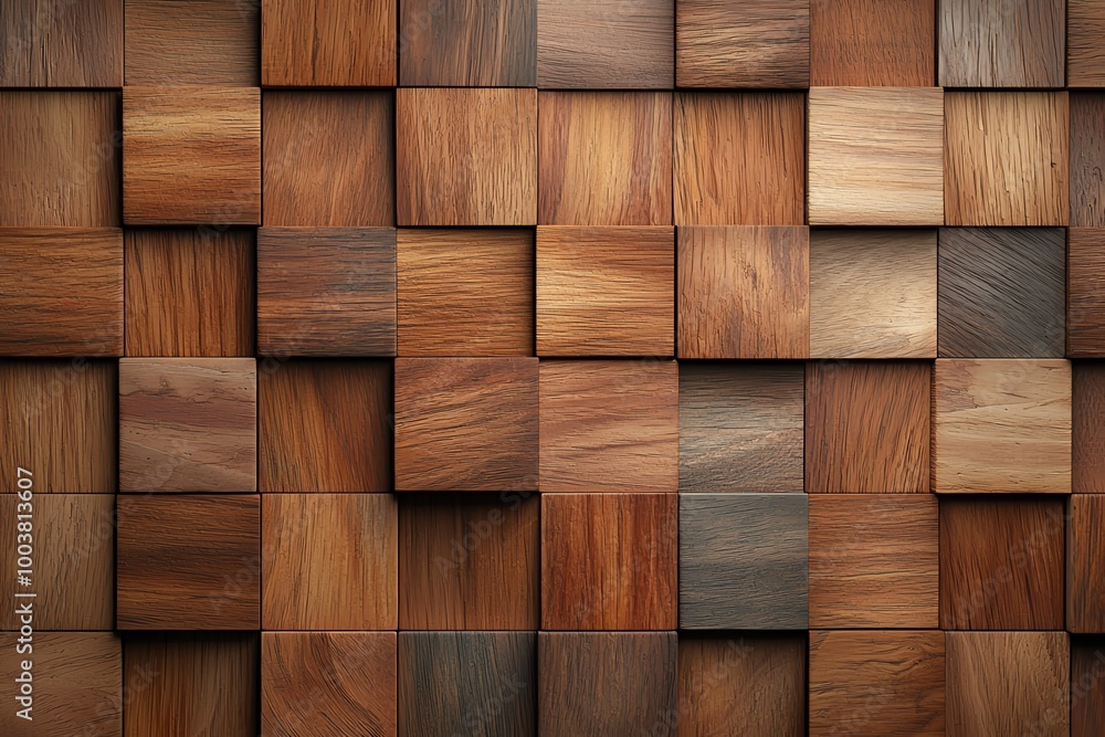 Poster wooden texture background featuring a mosaic of various brown wooden blocks arranged in a grid patte
