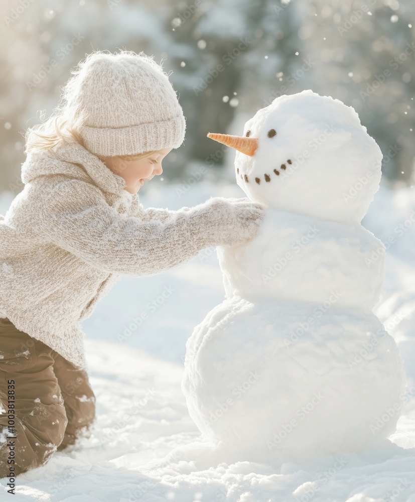 Wall mural cute baby in winter outfit with snowman on winter background. happy toddler during a walk in a snowy