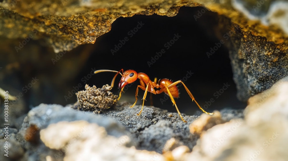 Poster ant exploring its nest in nature setting
