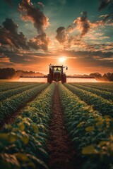 Fototapeta premium Stunning Sunset Over Agricultural Field with Tractor Spraying Crops - Rural Farming Landscape