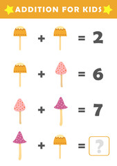 Fun Math Logic Puzzles for Kids. Math Game with Cute Mushroom Pictures. Math Activities for Children. Addition for Kids.	