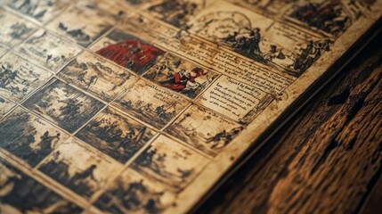 A close-up of a historical calendar featuring iconic events and images from the past, displayed on a wooden surface. The detailed illustrations and text offer a glimpse into history and tradition.
