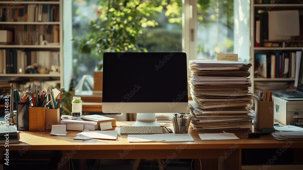 Poster a computer monitor sits on a desk with a stack of papers