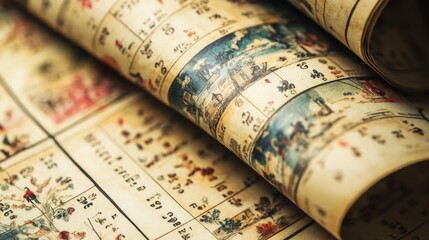 A close-up of a historical calendar featuring iconic events and images from the past, displayed on a wooden surface. The detailed illustrations and text offer a glimpse into history and tradition.