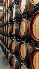 Rows of Traditional Wooden Wine Barrels, Stacked and Aged, in a Vintage Winery Cellar