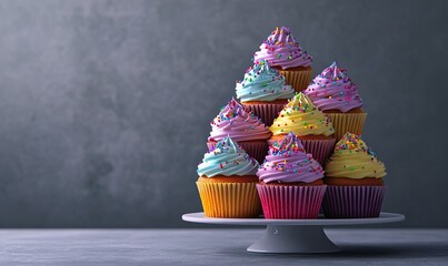 A whimsical image of a stack of colorful cupcakes with frosting and sprinkles