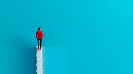 Fototapeta premium The Path Less Traveled: A lone figure in miniature stands on a paper cloud path, a symbolic representation of venturing into the unknown. The minimalist composition.